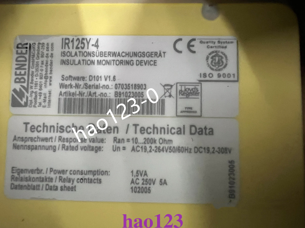IR125Y-4 B91023005 BENDER Insulation monitor brand new IR125Y-4 B91023005 BENDER Insulation monitor brand new