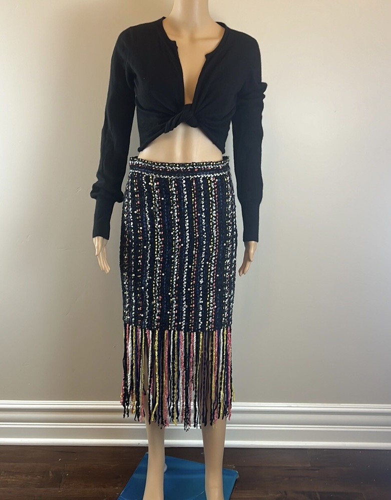 MSGM Pearl Embellished Tweed Pearl Embellished Skirt with Fringe Size 42/US S