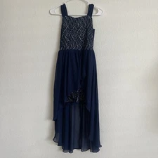 Amy Wear Girls Size 14 Hi-Lo Flowy Dress Navy Blue Lace Accent Sleeveless