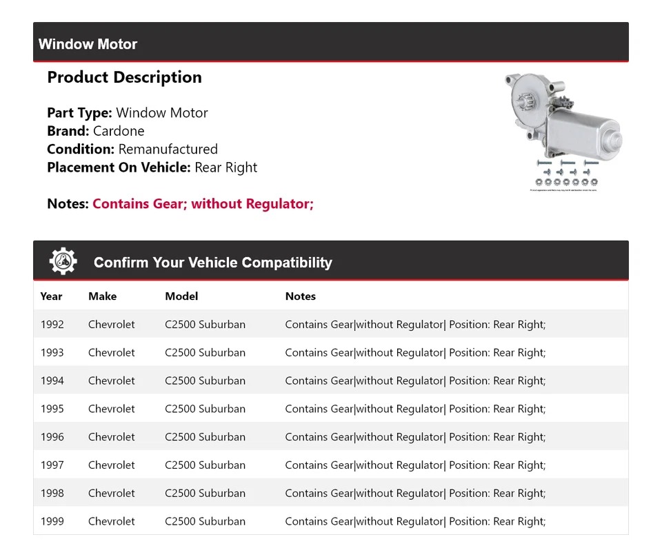 For 1992-1999 Chevrolet C2500 Suburban Window Motor Rear Right Cardone 1993 1994 - Image 2 of 4