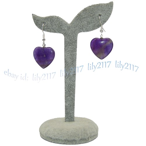 20mm Natural Purple Amethyst Heart Shaped Gemstone Dangle Silver Hook Earrings - Picture 3 of 3