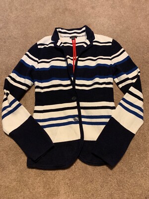 Ann Taylor Blue White Stripe Wool Blend Cardigan Sweater Jacket Blazer  Small
