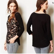 Dolan T Shirt Top Womens Pullover 3/4 Sleeve Lace Round Neck Black Beige S