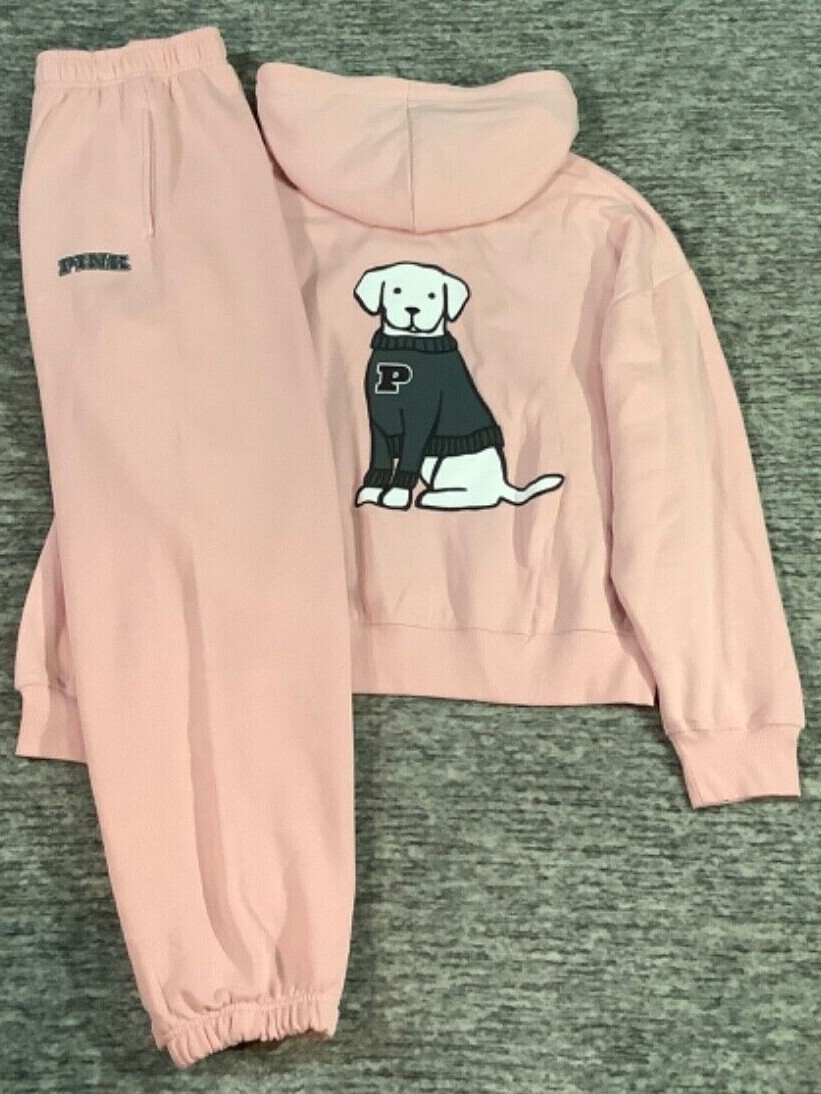 Victoria's Secret Pink FZ Hoodie + Campus Pants Set Chalk Rose Dog