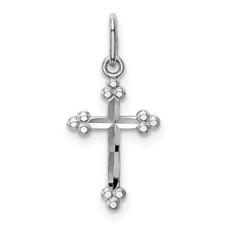 14k White Gold Diamond-Cut Small Budded Cross Charm Pendant 0.78 Inch