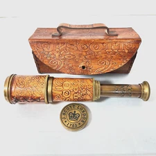 Brass Telescope J. SCOTT London in Engraved Leather Case 16” Maritime Relica
