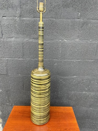 Mid Century Monumental Wooden Green Black Striped Table Lamp - Picture 2 of 9