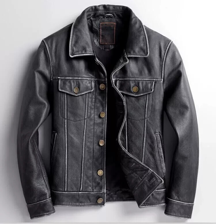 Men's Vintage Black Leather Biker Jacket – Genuine Cafe Racer Trucker Style