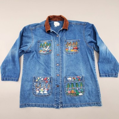 Vtg 90s Casey Coleman Blue Jean Denim Chore Jacket Embroidered XL Four Seasons