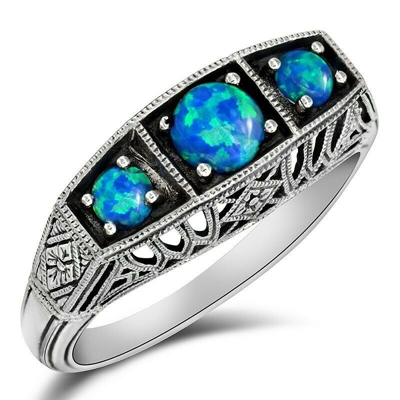 1CT  Blue Fire Opal 925 Sterling Silver Art Deco Ring Sz 7 F5-2