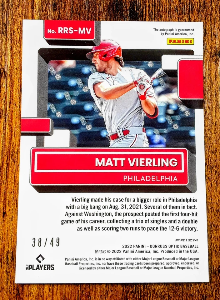 2022 Panini Donruss Optic  Pink Velocity Prizm /49 Matt Vierling #RRS-MV Auto RC - Image 2 of 2