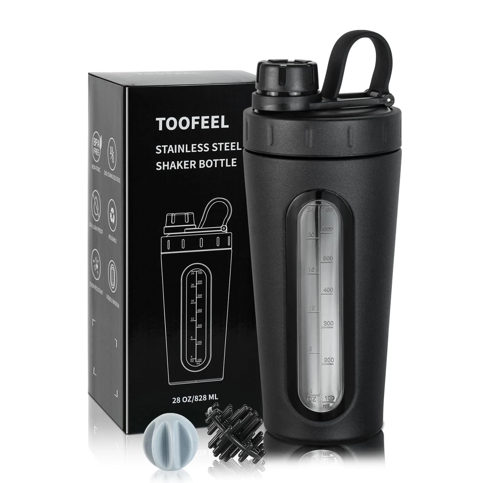 TOOFEEL Stainless Steel Shaker - 28 oz Metal Cup for Protein 28 Ounces, Black