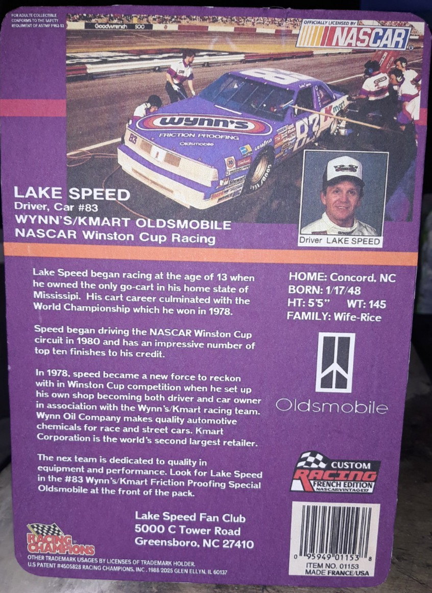 Lake Speed#83 Wynn's Racing Champions Custom made NASCAR Diecast