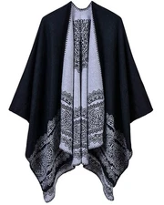 Women's Shawls and Wraps Open Front Poncho Cape Winter Sweater B2-Black