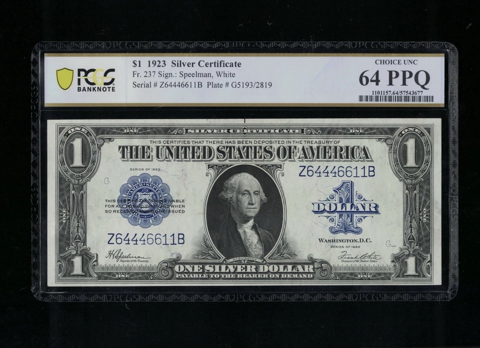 SC 1923 $1 Fr.237 Silver Certificate Blue Seal PCGS 64 PPQ Choice UNC. (611B) - Image 2 of 4