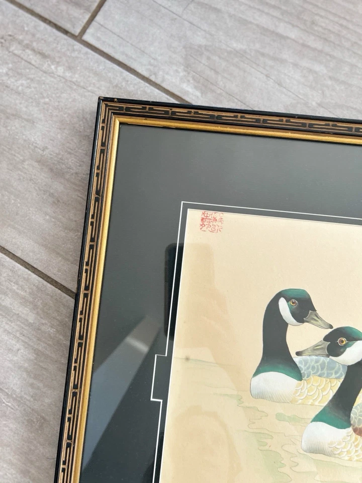 Pintura Acuarela Pájaro Oriental/Japonés - Firmada y 3 Estampillas - Art Deco Enmarcado Foto 4 de 4