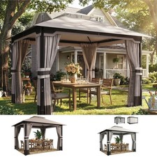 3 x 3.6 m Outdoor Garden Gazebo with Netting, Curtains, Double Roof