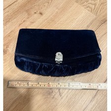 VTG Garay Blue Velvet Hand Slide Clutch Evening Bag Rhinestone Clasp 50s Prom