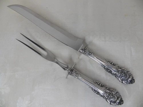 WALLACE SIR CHRISTOPHER STERLING SILVER HANDLE LARGE 2 PC. CARVING SET NO MONO