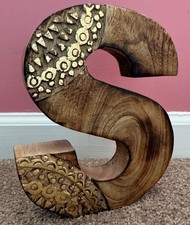Hand Carved wooden letter S - Brown with Gold 8x 7x 1 inches