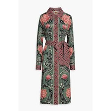 NEW Farm Rio Arabesque Floral Midi Dress Green Belted Button Front Long Sleeve