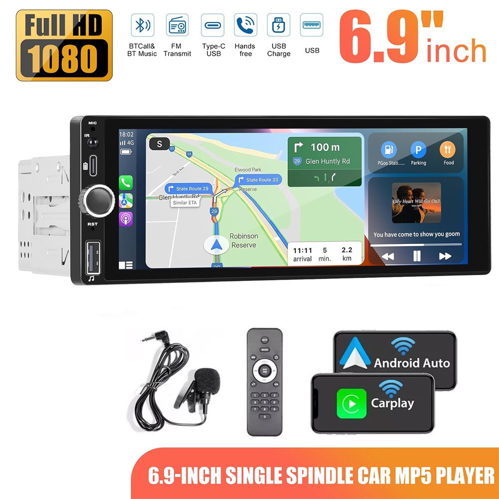 Single Din Car Stereo Wireless Apple CarPlay GPS 6.9 touchscreen Bluetooth Radio