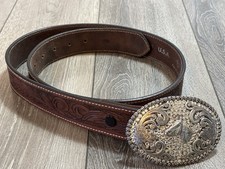 Nocona Women  s Western Horse Bedazzled Buckle  F L Tooled Leather Belt 36  USA