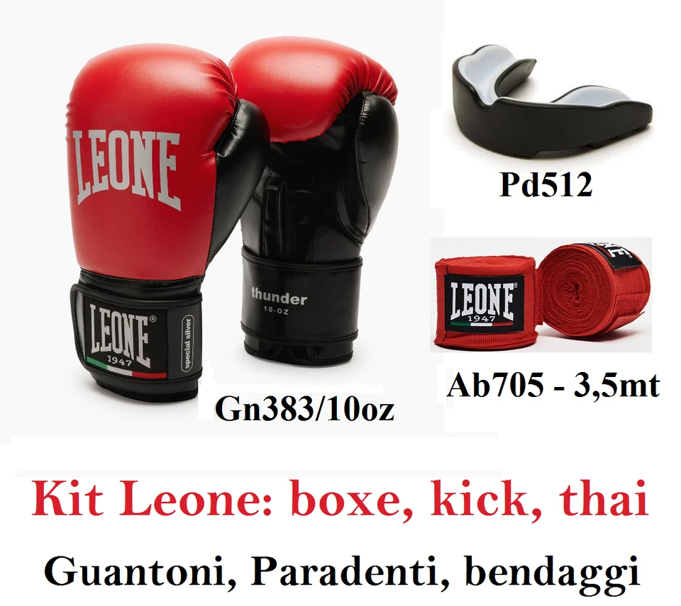 LEONE 1947 KIT BOXE LEONE : GUANTONI 10OZ+FASCE+PARADENTI BOXE KICK BOXING THAI BOXE MMA