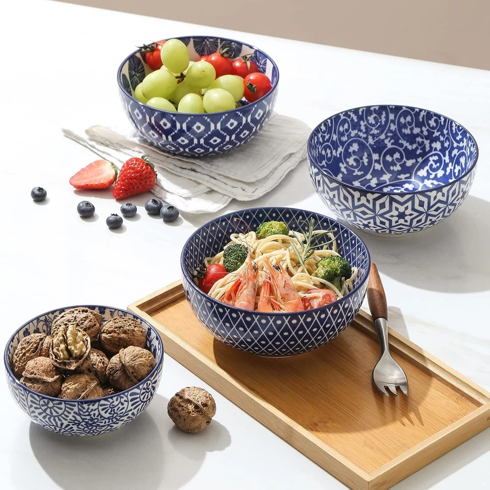 Conjunto de tigela de cerâmica de 6, 24 oz tigela de sopa profunda para cozinha, azul vintage - Imagem 4 de 4