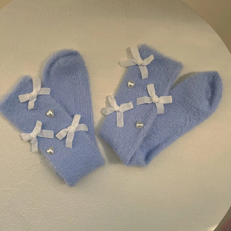 Calzini Donna In Pizzo Con Perle E Fiocchi - Stile Lolita College - Lunghezza Metà Polpaccio, Taglia Unica