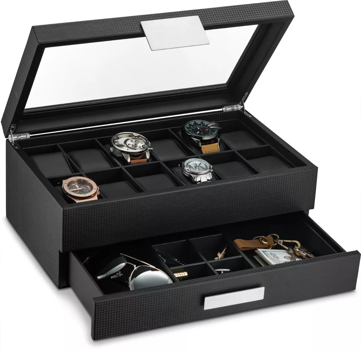 12 Slot Watch Box Valet Drawer Watch Case for Men Display