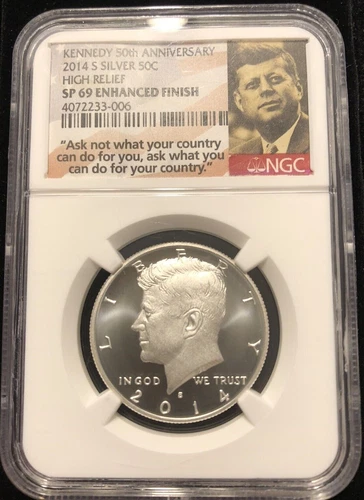 2014 S NGC SP 69 Enhanced Finish Silver Kennedy Half Dollar, High Relief Coin