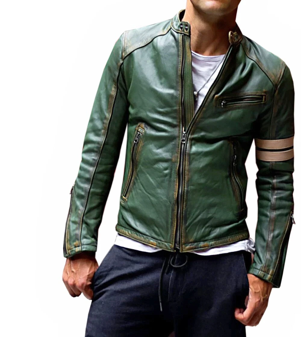 Mens green leather motorcycle cheap jacket
