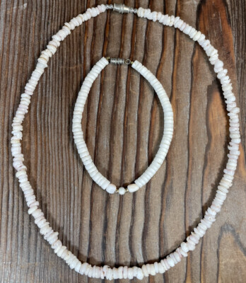 Puka Shell strand beaded necklace bracelet set creamy pink