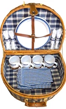 Living Quarters Picnic Basket with 4 table settings blue plaid melamine dishes