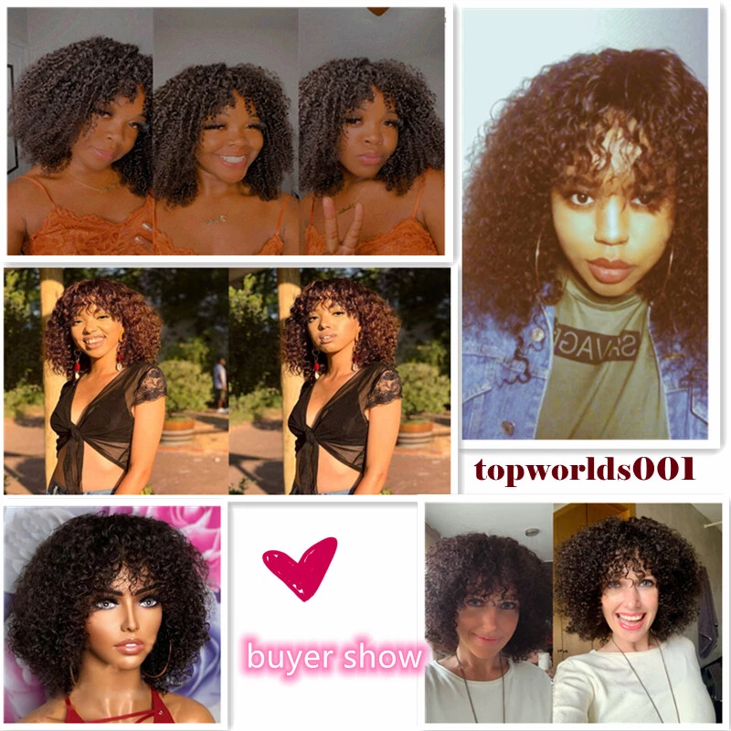 Brazilian 100% Human Hair Wig Kinky Curly Wigs With Bangs None Lace Full Head - Image 4 of 4