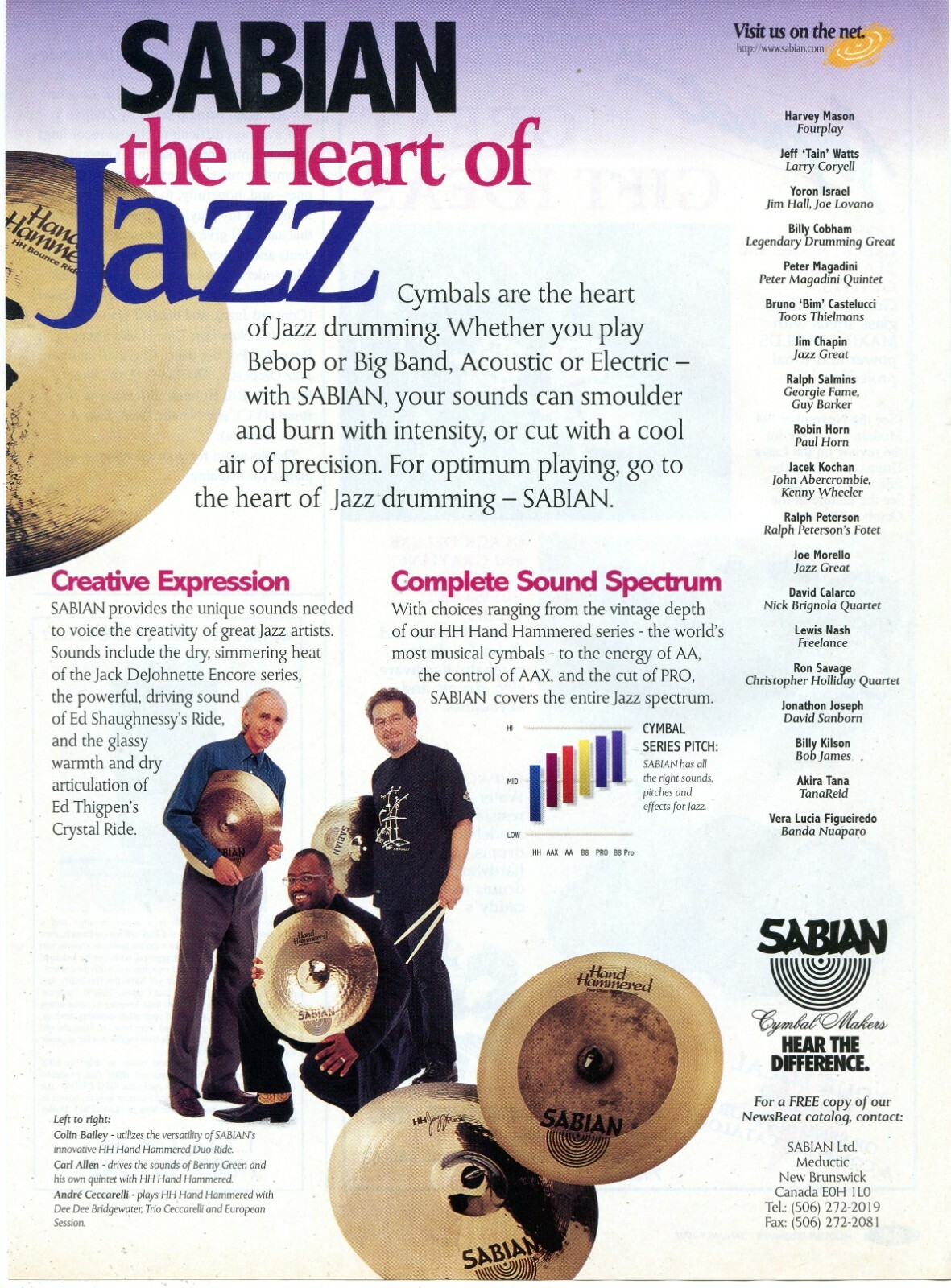 1997 Print Ad Sabian Jazz Drum Cymbals Colin Bailey Carl Allen Andre