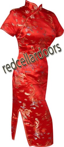 New Womens Poppy Red Satin Dress Cheongsam Dragon & Phoenix Sizes 32 34 36 40 - Picture 2 of 6