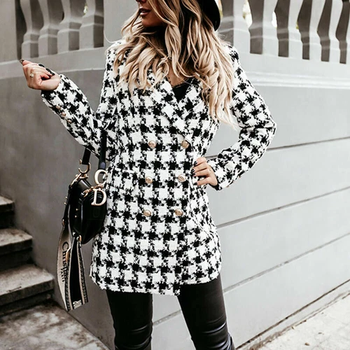 Women's Stylish Check Print Wool Blazer Coat Ladies Long Sleeve Collared Jacket - Picture 15 of 52