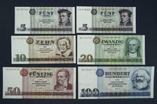 6x Bank Państwowy NRD: 1, 10, 20 50 + 100 MAREK 1971 + 1975 (NRD-21 do 25)