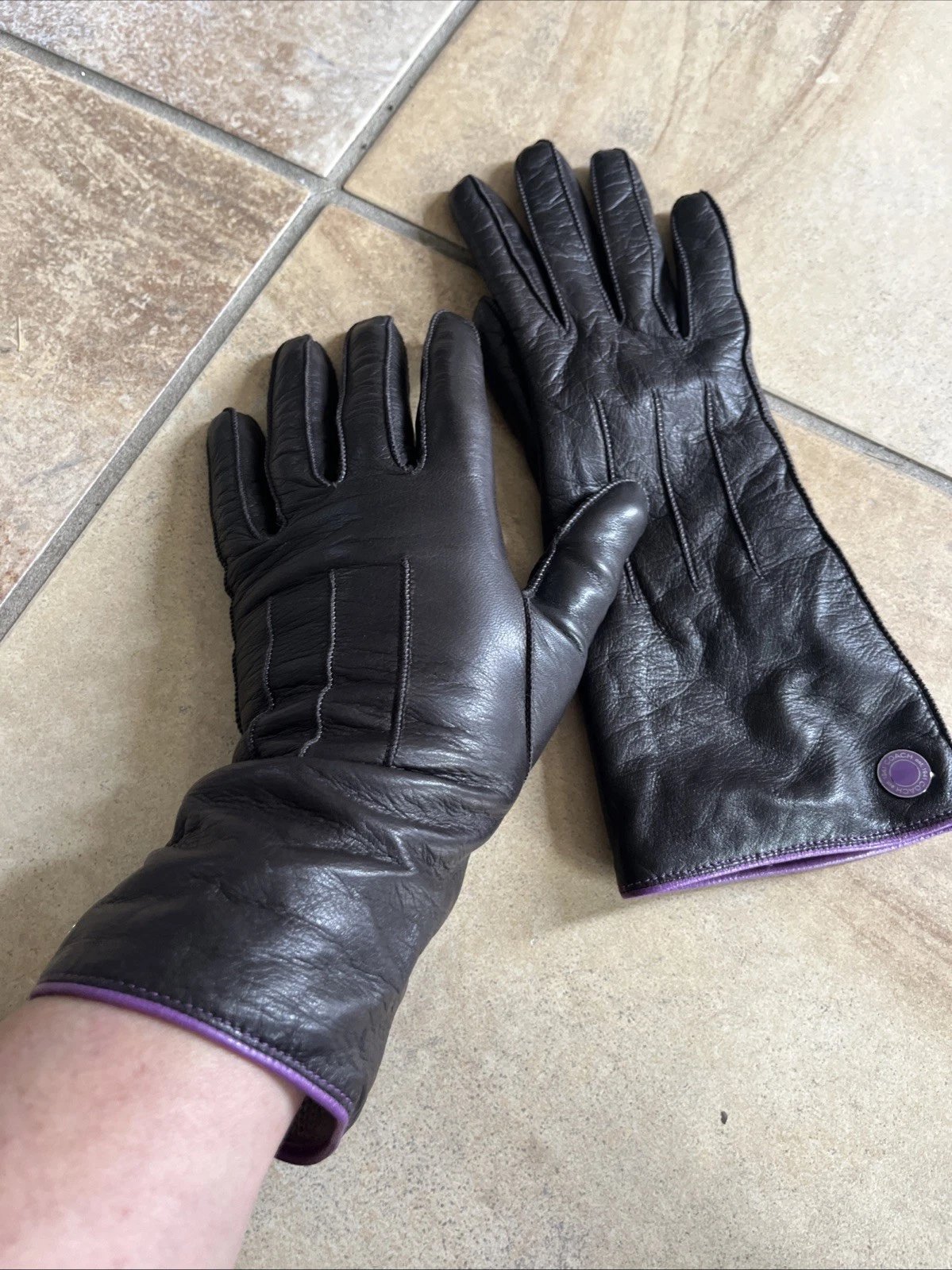 Coach Womens Brown Leather Gloves 100% Cashmere Lined Sz 6.5 Made in Italy C
