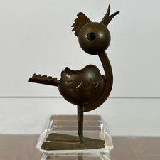 Vintage MCM Los Castillo Taxco Bird Brass Metal Ashtray Emerald Green Eyes 4.5”