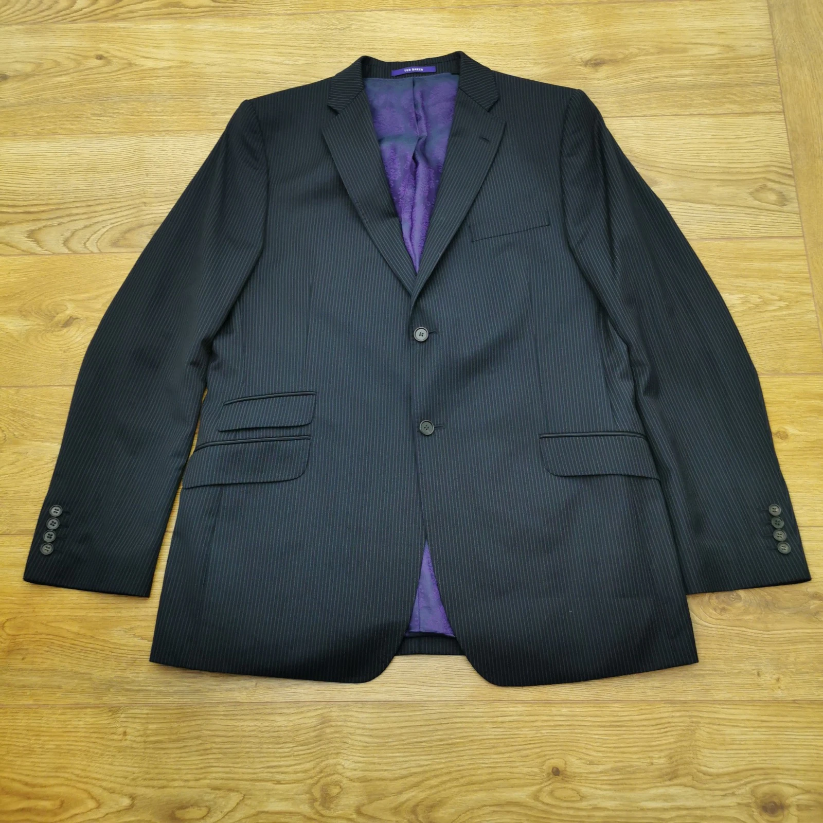 Ted Baker Endurance Blazer Jacket Mens 44L Black Pinstriped 100% Wool Smart