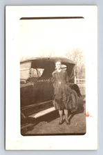 RPPC Young Woman by Old Car Real Photo Postcard