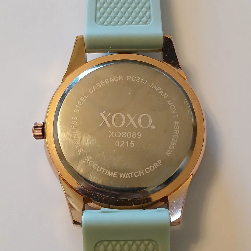 XOXO Women's Rhinestone Accented Rose Gold Watch With Green Silicone Strap - Image 3 of 4