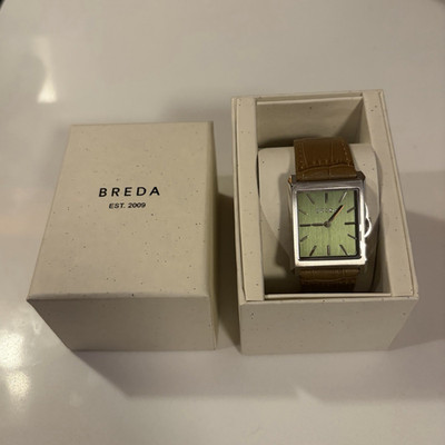 BREDA Virgil Tank Green Dial Rectangle Quartz Watch Brown Leather Strap w/ Box
