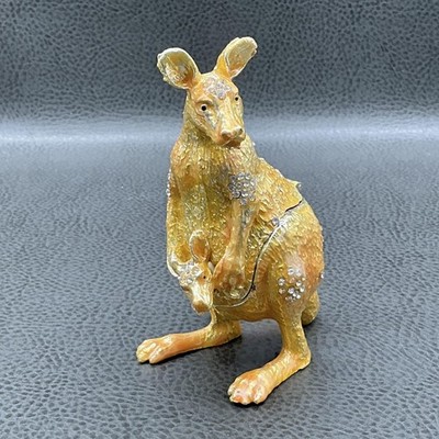 Kangaroo Joey Trinket Box Gold Tone Enamel Rhinestone Hinged Decorative 5''