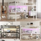 Metal Queen Size Loft Bed with LED Lighted & Stairs & L-Shaped Desk Kids Bedroom