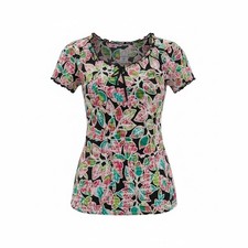 Peaches Uniforms Womens XS Floral Print Scrub Top Short Sleeve Ruffle Tie Neck