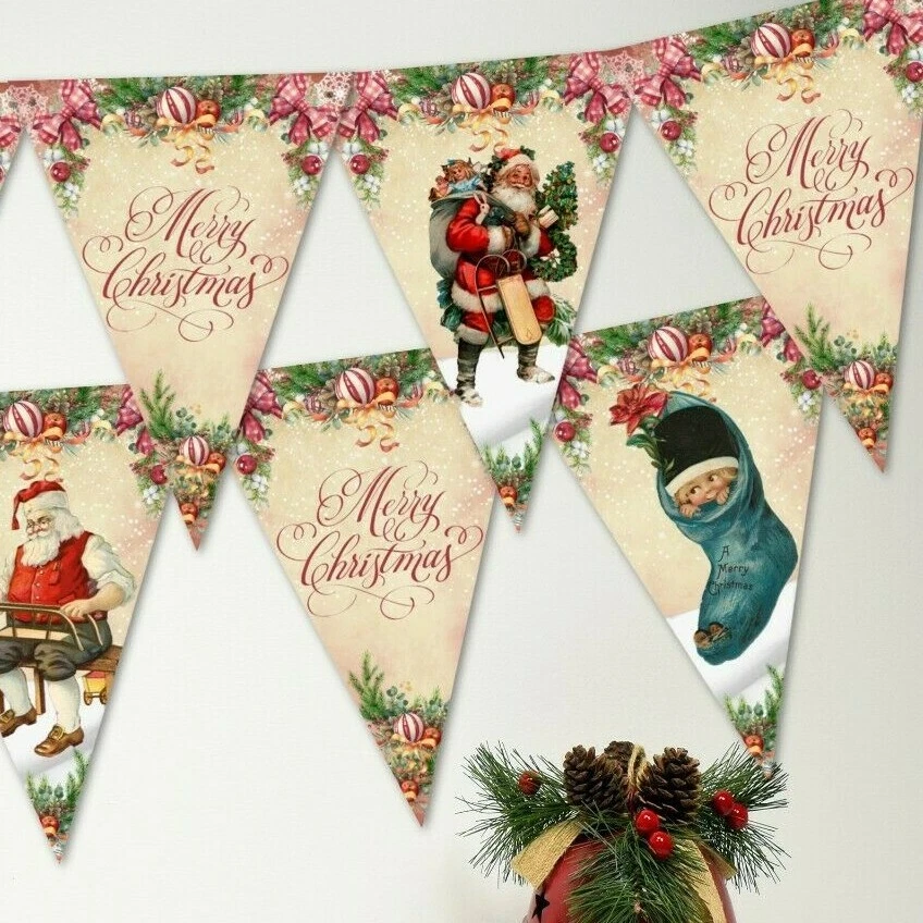 Традиционный деревенский цветочный Рождество Санта флаги и ленты - 3 м/12 флаги - Изображение 3 из 4